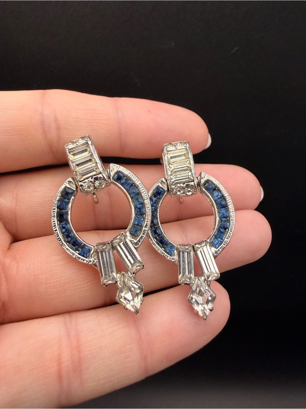 Vintage DENBÉ J.J. Denberg Blue Clear Rhinestone Screw Back Dangle Earrings